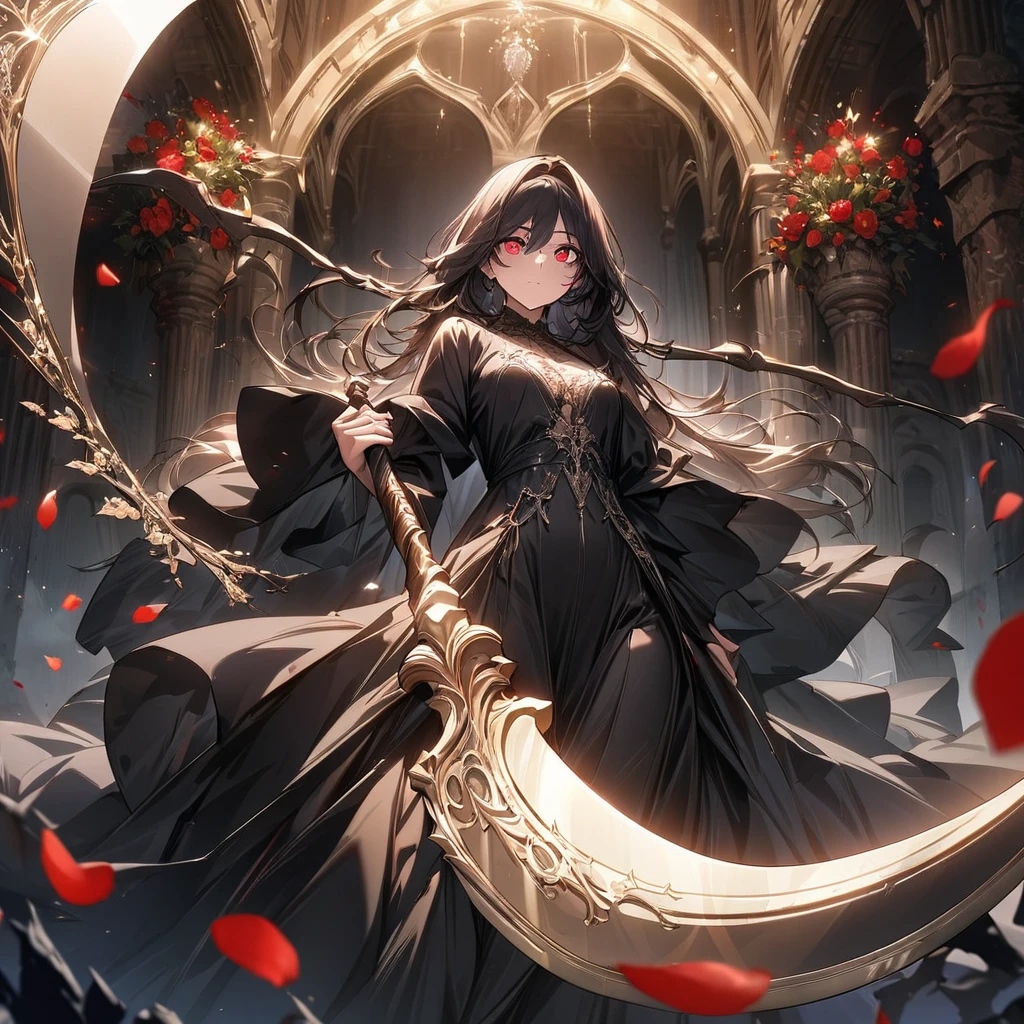 one beautiful Germans girl's Grim Reaper,teenagers,wearing robe,She's standing with a scythe,Look in here,luxury,The petals of red equinoctial flowers dance,(((masterpiece))), (((best quality))), ((ultra-detailed)), (illustration), (detailed light),((an extremely delicate and beautiful)),(beautiful detailed eyes),red eyes