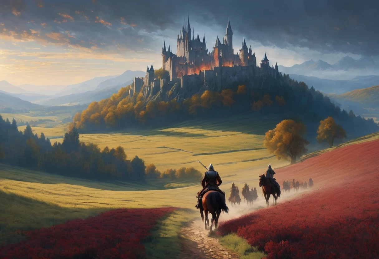 landscape from Middle-earth, in the distance there are ruined castles, elves and people on horseback, a bloody battle, on the horizon the grandfather's mountains and gray forests, the sky in burgundy blue soft stripes, Epic Composition