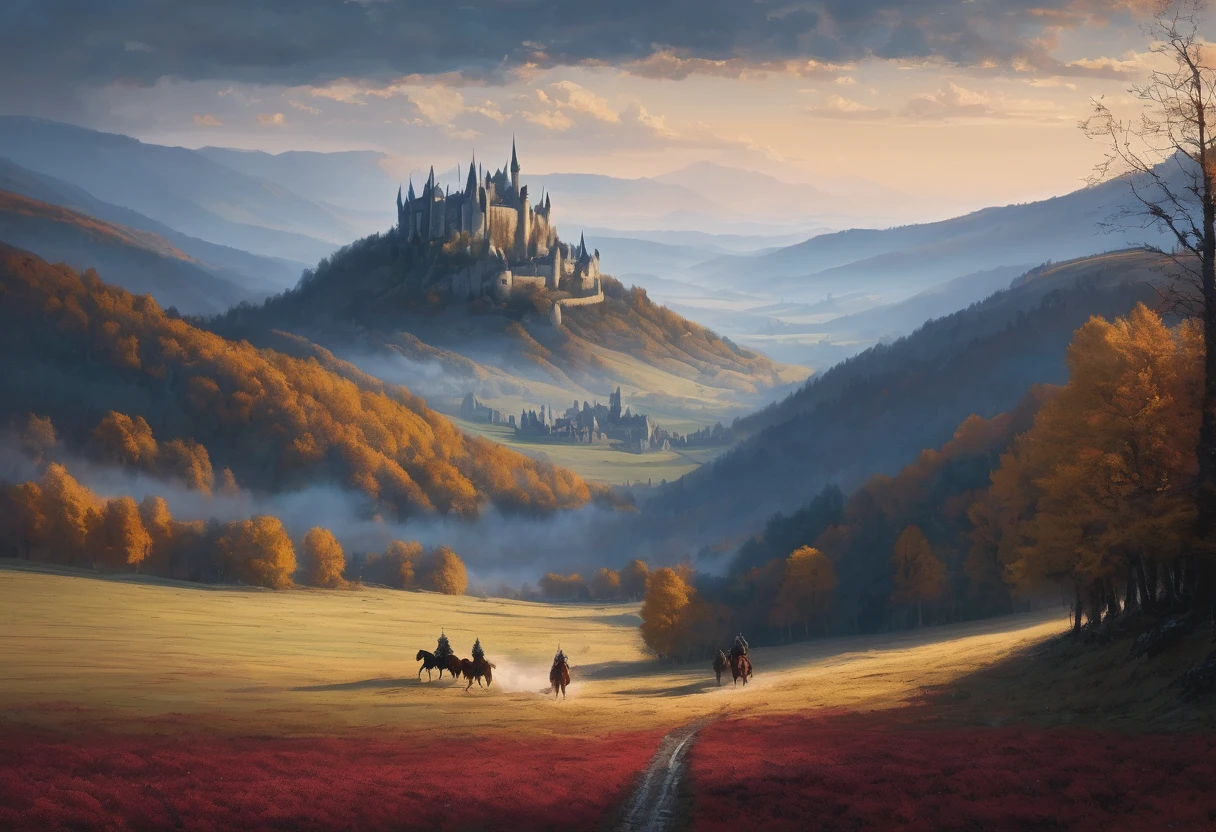 landscape from Middle-earth, in the distance there are ruined castles, elves and people on horseback, a bloody battle, on the horizon the grandfather's mountains and gray forests, the sky in burgundy blue soft stripes, Epic Composition