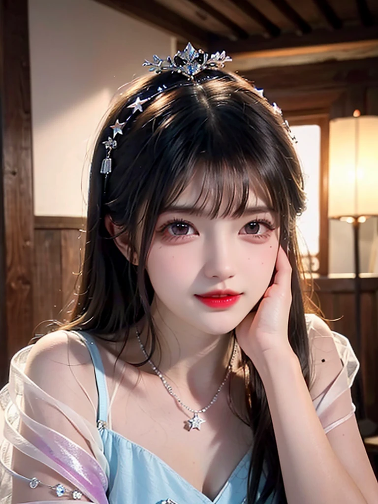 best quality, masterpiece, high resolution, 1 Girl,flirtatious,Seven colored hair,Oily and shiny lips,The transparency of clothes,(Show your shoulders),(chest),detail,(Upper Body),Star-shaped pupil,china hanfu,Hair accessories,necklace, Jewelry,Pretty Face,Above_Body, Tyndall effect,Reality, Dark Studio, Rim Light, Two-tone lighting,(高detail皮肤:1.2), 8K uhd, Digital SLR Camera, Soft lighting, high quality, Volumetric Lighting, frank, photo, high resolution, 4K, 8K, Bokeh