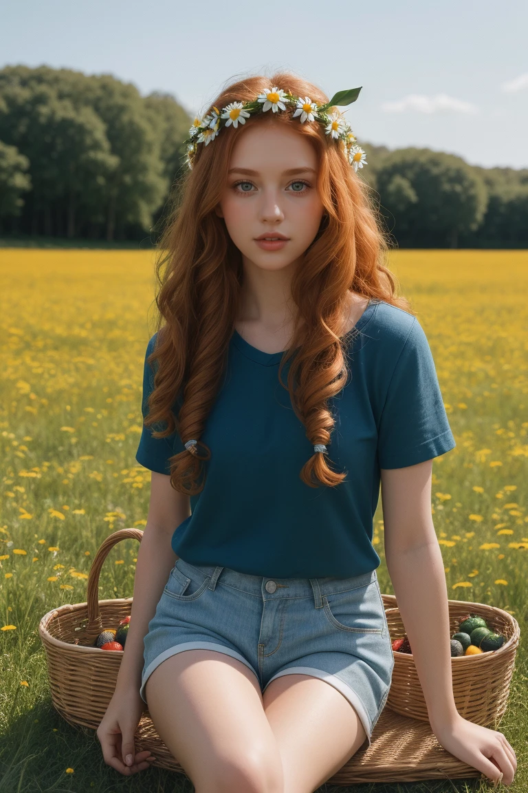 (girl:1.2),alone, (long ginger curly hair:1.1), brown eyes, Wearing a daisy wreath on your head, Sit in a daisy field, (fruit basket:1.1), blue shorts, red shirt,,raw,photographic,photo shadows,actual,Ridiculous,Aesthetic,elegant