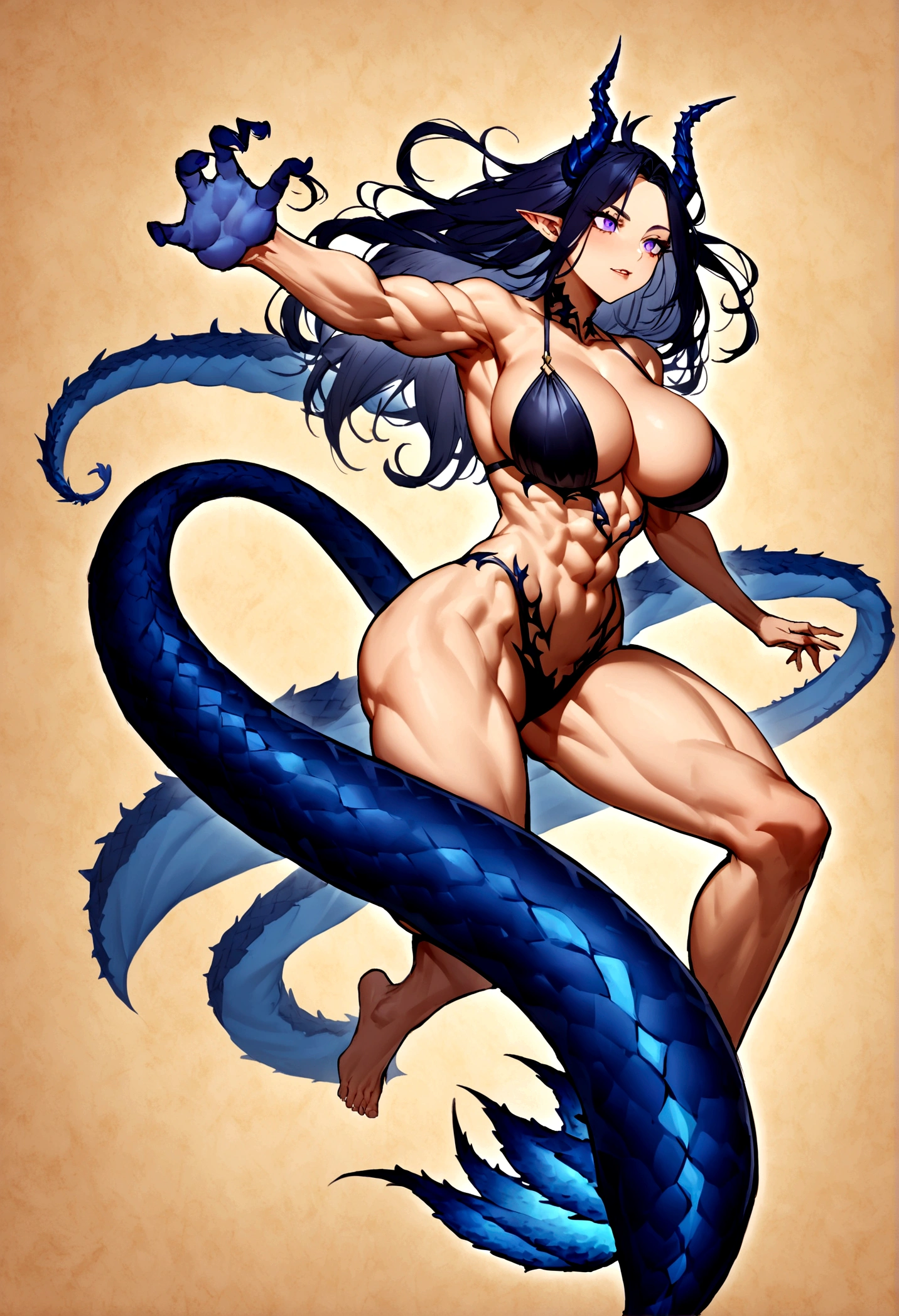 Make a picture of a woman, she has purple eyes, serrated teeth, your face is normal with a fair skin tone, his chest has bright blue scales, his legs too, and she has a long blue Leviathan tail, she has dark horns on her head and beautiful dark blue hair, she has big breasts covered by her scales, and toned thighs 