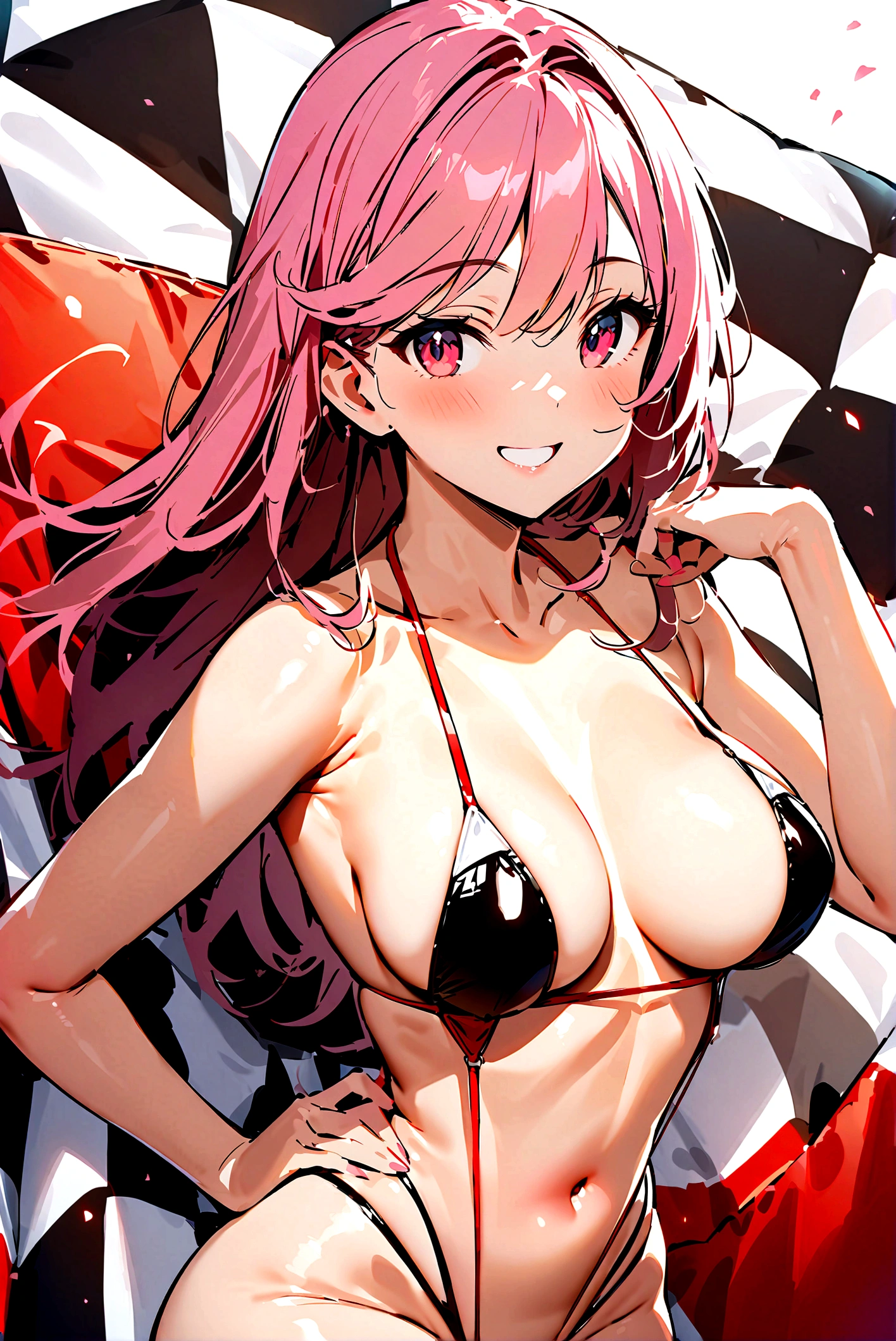 Highest quality,masterpiece,Auto racing circuit,Supermodel,Racy slingshot swimsuit,Checkered Flag,smile,Race Queen