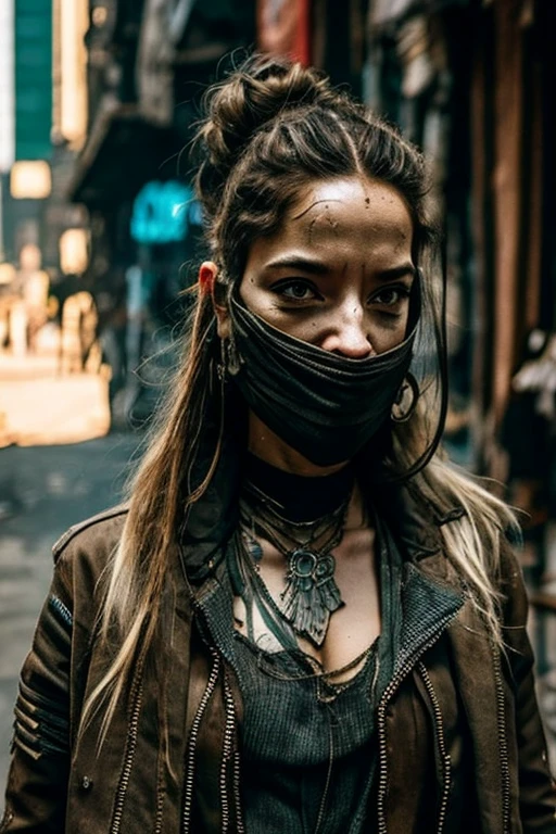 Cyberpunk, Scavenger, woman, dressed in rags, mask