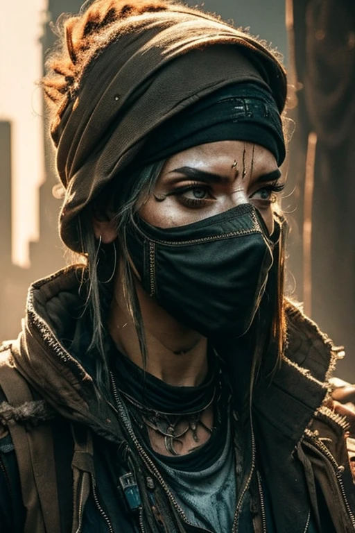 Cyberpunk, Scavenger, woman, dressed in rags, mask