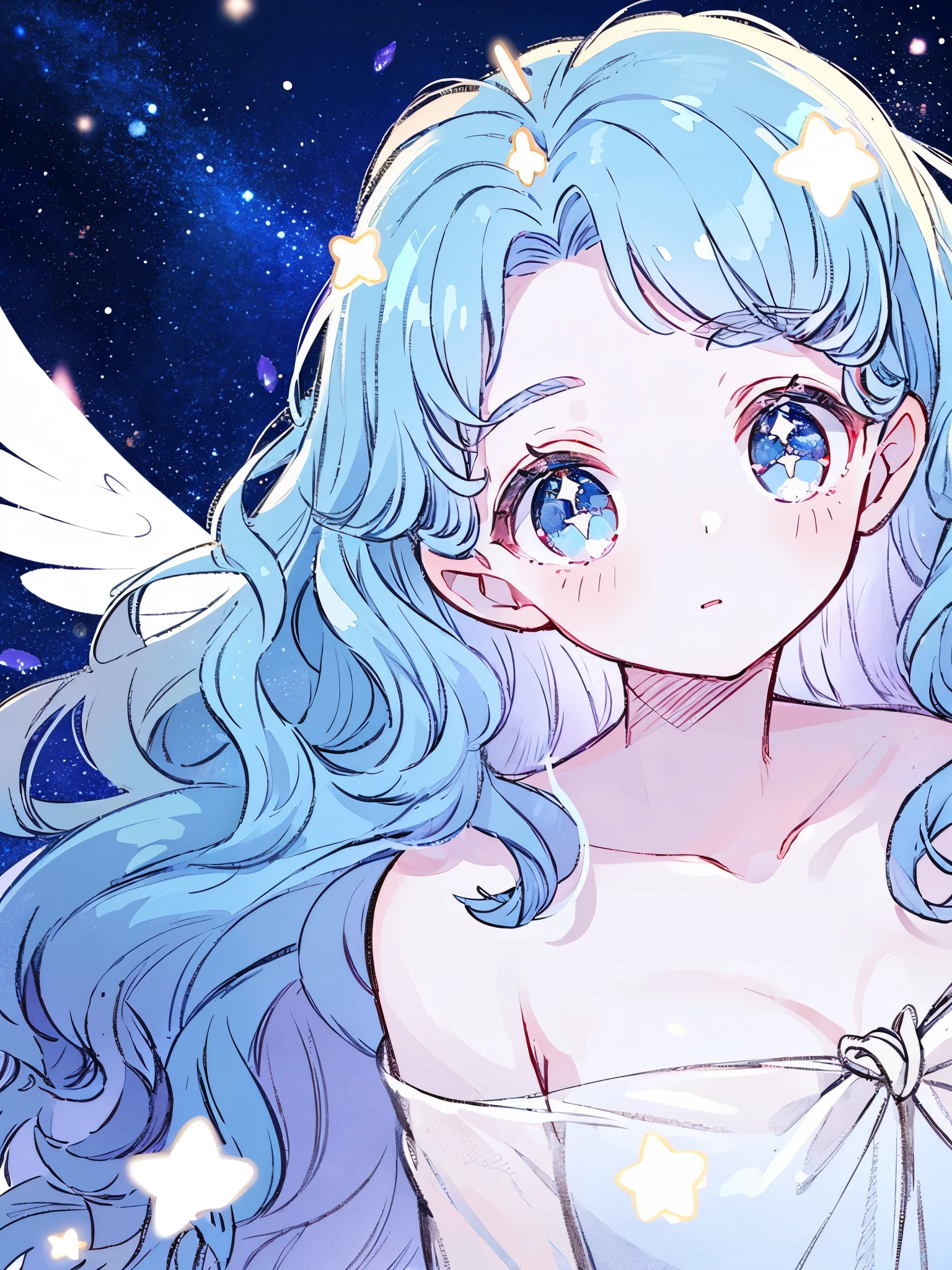 nude angel girl wearing an ethereal translucent dress, pale skin, ((blue mint wavy hair)), white feathers, angel wings, sparkling detailed eyes, golden ratio face, perfect composition, highly detailed, ethereal, (starry night sky background), midjourney style