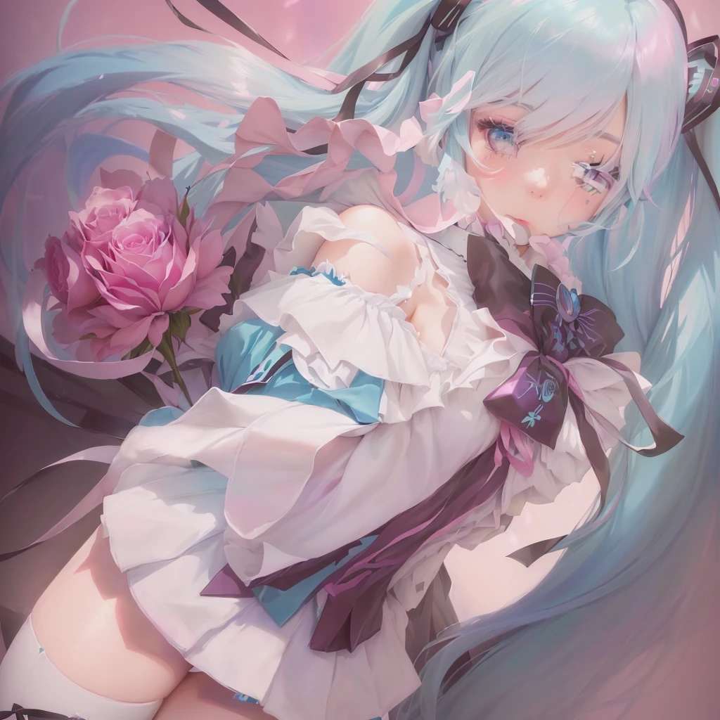Anime girl with blue hair and a white dress holding a pink rose, hatsune miku portrait, Anime Style 4k, Anime Art Wallpapers 8K, portrait of hatsune miku, anime art wallpaper 4k, anime art wallpaper 4k, Best anime 4k konachan wallpaper, 4k anime wallpaper, anime wallpaper 4k, anime wallpaper 4k, hatsune miku
