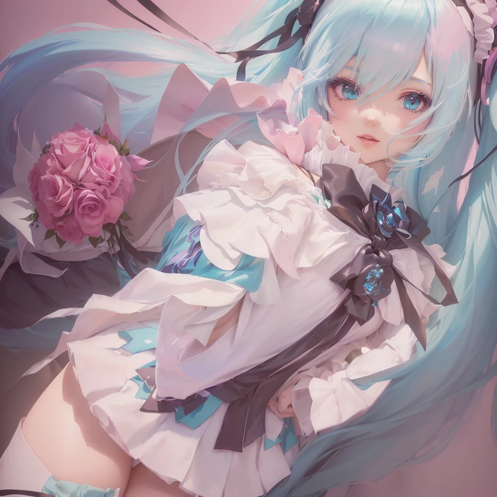 Anime girl with blue hair and a white dress holding a pink rose, hatsune miku portrait, Anime Style 4k, Anime Art Wallpapers 8K, portrait of hatsune miku, anime art wallpaper 4k, anime art wallpaper 4k, Best anime 4k konachan wallpaper, 4k anime wallpaper, anime wallpaper 4k, anime wallpaper 4k, hatsune miku