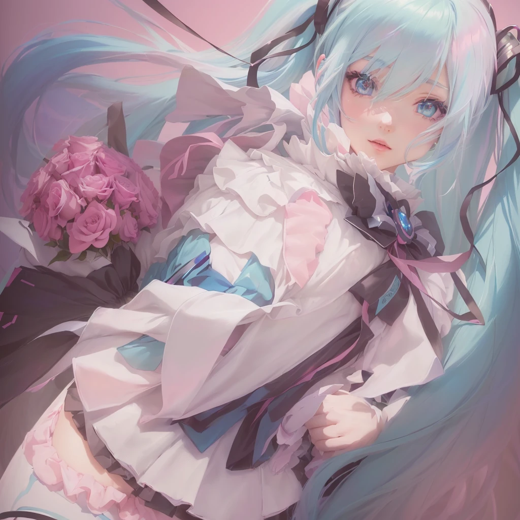 Anime girl with blue hair and a white dress holding a pink rose, hatsune miku portrait, Anime Style 4k, Anime Art Wallpapers 8K, portrait of hatsune miku, anime art wallpaper 4k, anime art wallpaper 4k, Best anime 4k konachan wallpaper, 4k anime wallpaper, anime wallpaper 4k, anime wallpaper 4k, hatsune miku