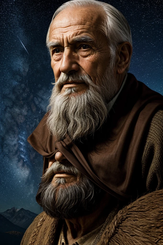 Abraham, 100 years old, seeing the sky with stars background, realistic Bible character