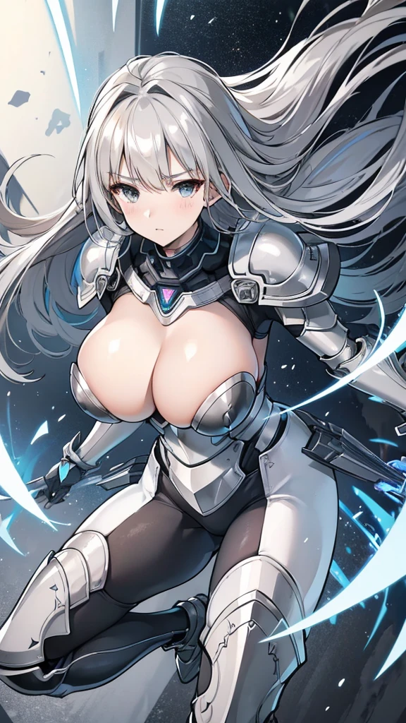 1 woman wearing armor, big bulky futuristic armor,slim leg pieces),(best quality),(Super detailed),fantasy, Large ,
Practical, dim battlefield , In battle,Electric light flowing around,flash in hand,In Action,silver long hair,Gray eyes