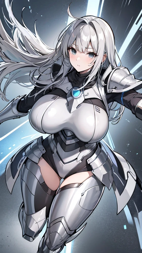 1 woman wearing armor, big bulky futuristic armor，slim leg pieces),(best quality),(Super detailed),fantasy, Large Breasts, 
Practical, dim battlefield , In battle，Electric light flowing around，flash in hand，In Action，silver long hair，Gray eyes