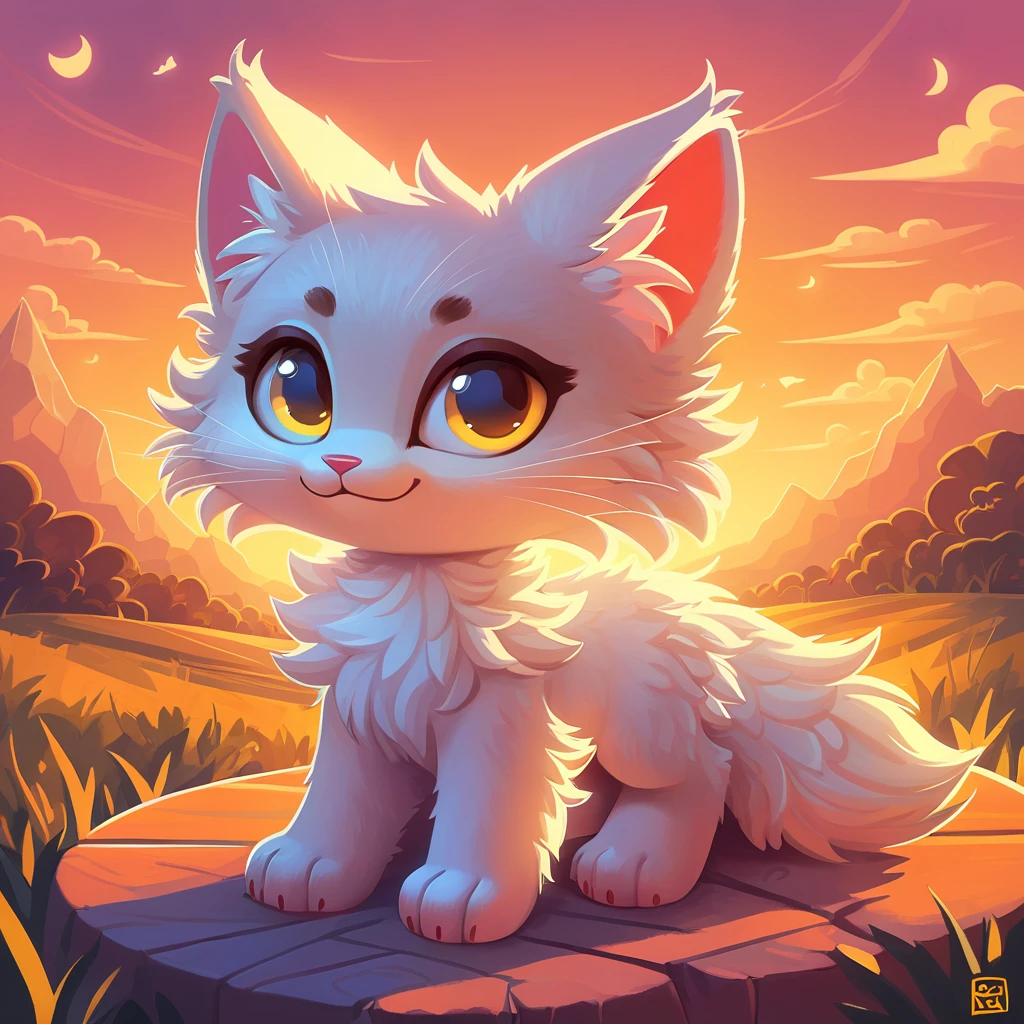 Super fluffy kitten in Dreamworks art style, Evening background