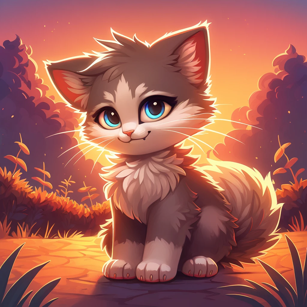 Super fluffy kitten in Dreamworks art style, Evening background