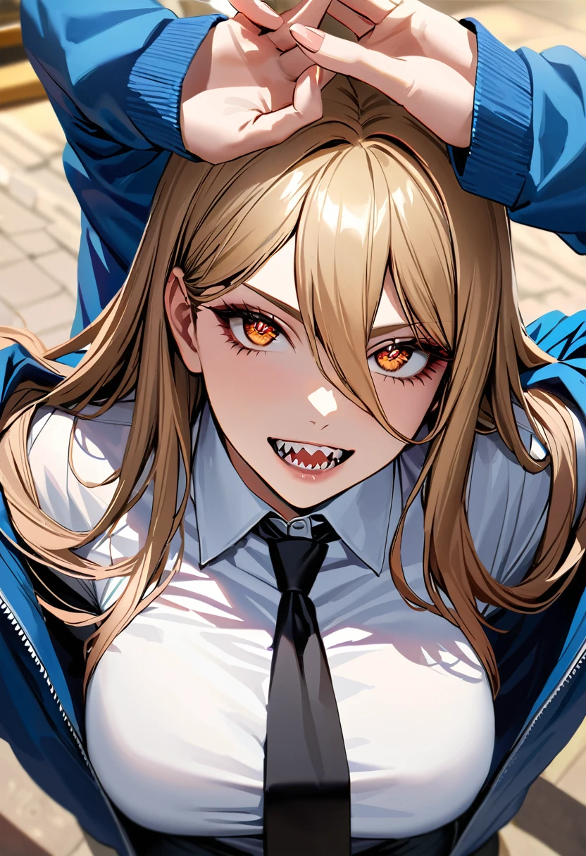 best quality, highest quality, masterpiece, ultra-detailed, hyper-detailed, award-winning, photorealistic background, cinematic lighting, trending on artstation, 8K wallpaper, extremely detailed, intricate, illustration, close-up portrait, powerdef, sharp teeth, cross-shaped pupils, blue jacket, long sleeves, white shirt, black necktie, torn jeans, Air Jordan 1 shoes, Power from Chainsaw man, blonde hair, open clothes, thick thighs, perfect face, very deep eyes, detailed eyes, sidelight, high-resolution, intricate details, detailed fingers, beautiful face, Chainsaw man, full-body, wiew from above, mature female, eyeshadow, mascara, hourglass figure, sexy