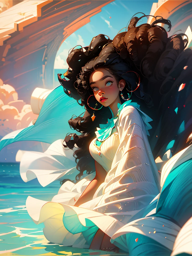 Very detailed, realistic, beautiful black woman, wearing dress, pretty woman, brown skin, HD, pretty face, vivid colors, high quality, afro hair, wavy afro hair, curly afro hair, black woman, warm tones, natural lighting, colorful ocean in background, ocean in background