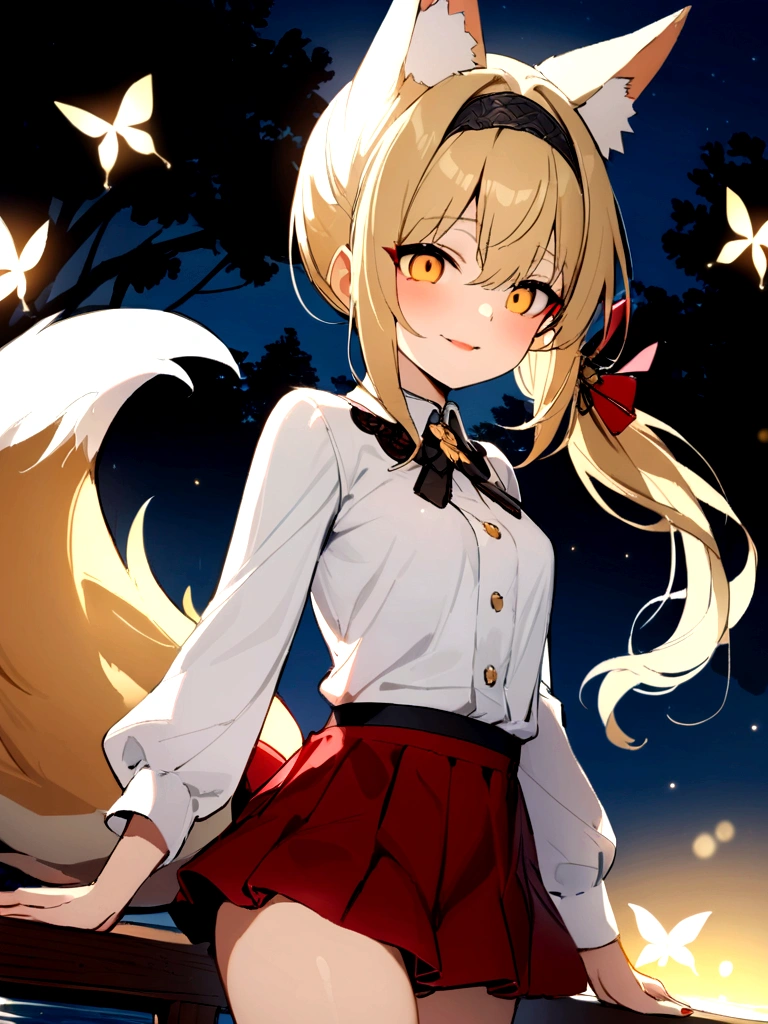 (masterpiece, best quality) junior,detailed, (beautiful,small breasts), blonde,long hair, side ponytail(tied to the left),Hair band decoration with gold butterfly, elegant, (fox ears),nine tailed fox tail, red eyeshadow, golden eyes, femur,white shirt,free,red skirt,cherry blossom tree lake background,lake illuminated by moonlight,girl,NIGHT,yandere face