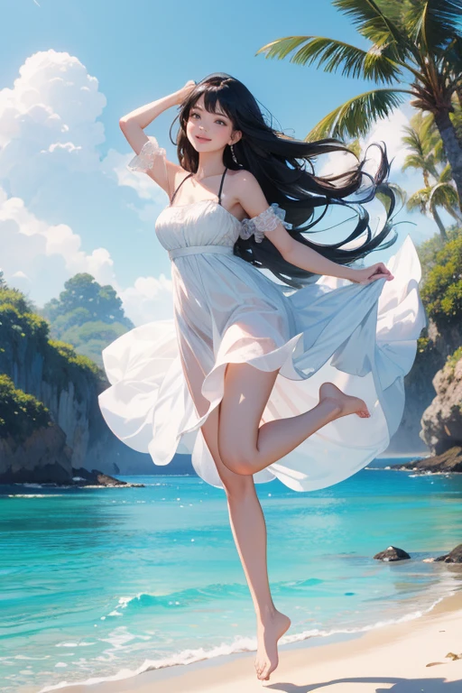 (Highest quality、masterpiece、High resolution、8K)、Vibrant colors、1 Female、Long black hair、barefoot、A woman in a white dress jumps high、Surprised Smile、Official Art、The background is the sea、blue sky、Wide sandy beach、Wide forest、