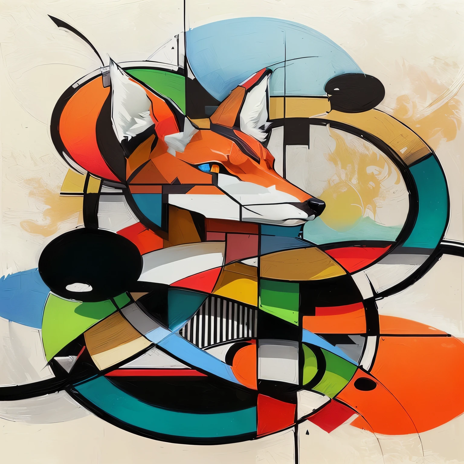 painting of a fox with a colorful geometric design, digital fox, by Jacob Burck, by Wolf Huber, anthropomorphic zorro, by Marten Post, abstract style, abstract geometric art, stylized fox look, geometric masterpiece, by Zack Stella, por Tony Sart, synthetic cubism, geometric art, Orphism style