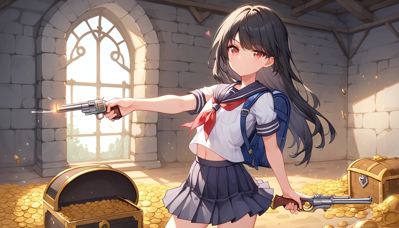 ((1girls:1.3)), ((solo:1.3)), ((school uniform:1.3)), ((dungeon:1.3)), ((revolver:1.3)), ((pointing gun:1.3)), ((gunshot:1.3)), ((shooting stance:1.3)), ((expressionless:1.3)), ((backpack:1.3)), ((moe style:1.3)), ((standing:1.3)), ((red eyes:1.3)), ((treasure chest:1.3)), ((armory:1.3)), ((small girl:1.3)), ((flat chest:1.3)), ((black hair:1.3)), ((perfect face)), ((extremely cute:1.3)), ((masterpiece:1.3)), ((8k)), ((best quality:1.3)), ((beautiful)), ((extremely detailed:1.3)) , ((absurdres)), AddXL, ((score_9:1.3)), ((score_8_up:1.3)), ((score_7_up:1.3)), Expressiveh
