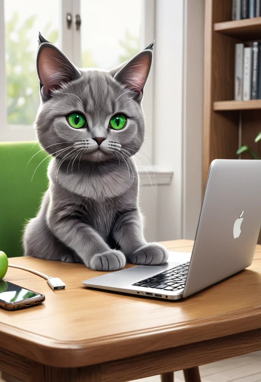 masterpiece, best quality, cartoon, ultra detailed, (symmetry:1.1), animal, gray cat sitting at the laptop, green eyes, cat ears, whiskers, white chair, wooden table, apple logo on phone
