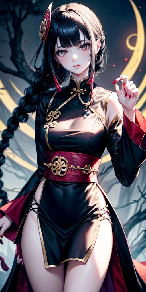 lora:flat:-1.2, masterpiece, best quality, 4k, 8k, 1 woman, solo, pale skin, tall stature, long hair, blunt bangs, side braid, black hair, ugly face, bad face, bad eyes, droopy eyes, unclear eyes, ruby red eyes, lemon yellow eyes, pale skin, black eyeliner, black eye shadow, heterochromia, slender frame, frightened, ofuda, jiangshi costume:1.2, sheath long skirt, China dress, fang, horror, coffin, forest, dark night, stormy weather, fog, from front, cowboy shot, look at viewer, paw pose,