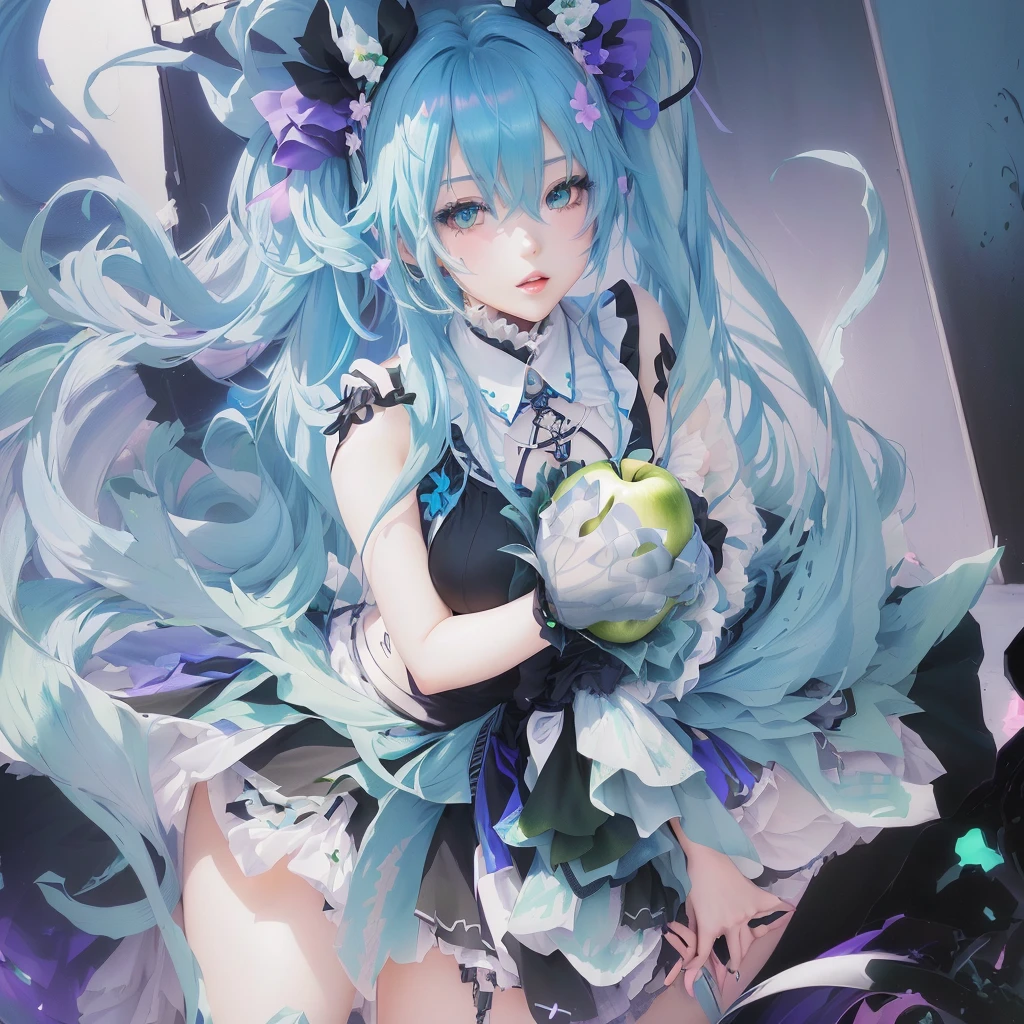 Anime girl with blue hair and a black dress holding a green apple, digital art on Pixiv, Nightcore, Hatsune Miku portrait, Zerochan Art, Portrait of Hatsune Miku, Pixiv contest winner, Anime Moe Art Style, Pixiv, Anime Art Wallpapers 8K, top rated on Pixiv, anime art wallpaper 4k, anime art wallpaper 4k