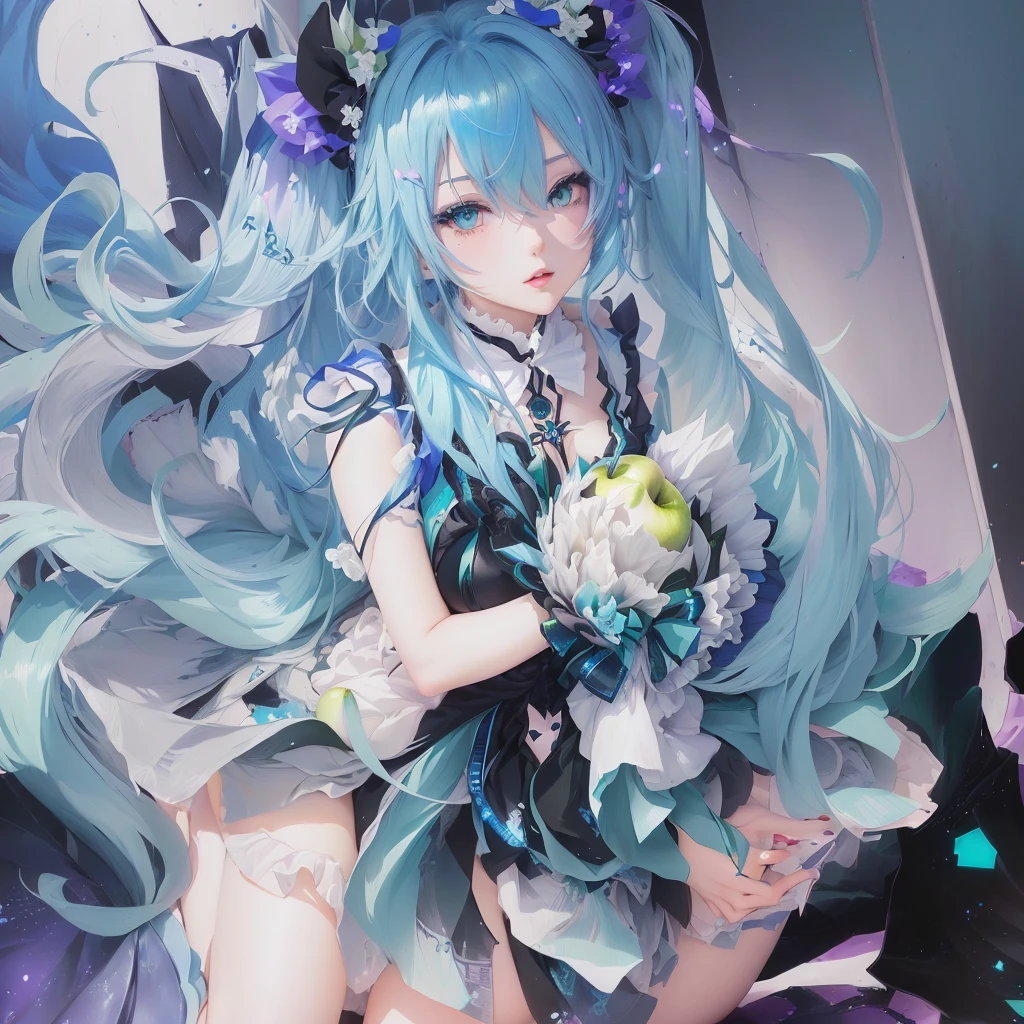 Anime girl with blue hair and a black dress holding a green apple, digital art on Pixiv, Nightcore, Hatsune Miku portrait, Zerochan Art, Portrait of Hatsune Miku, Pixiv contest winner, Anime Moe Art Style, Pixiv, Anime Art Wallpapers 8K, top rated on Pixiv, anime art wallpaper 4k, anime art wallpaper 4k