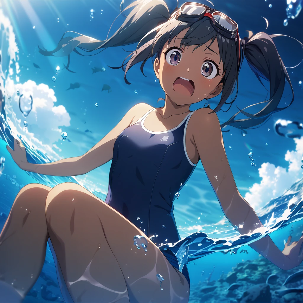 1girl、Eat ice cream、Black Hair、Pigtails、Navy blue school swimsuit、Brown Skin、Red polka dot swim ring、Black underwater goggles、Ocean、deep faint light 、 detailed CG、high resolution
