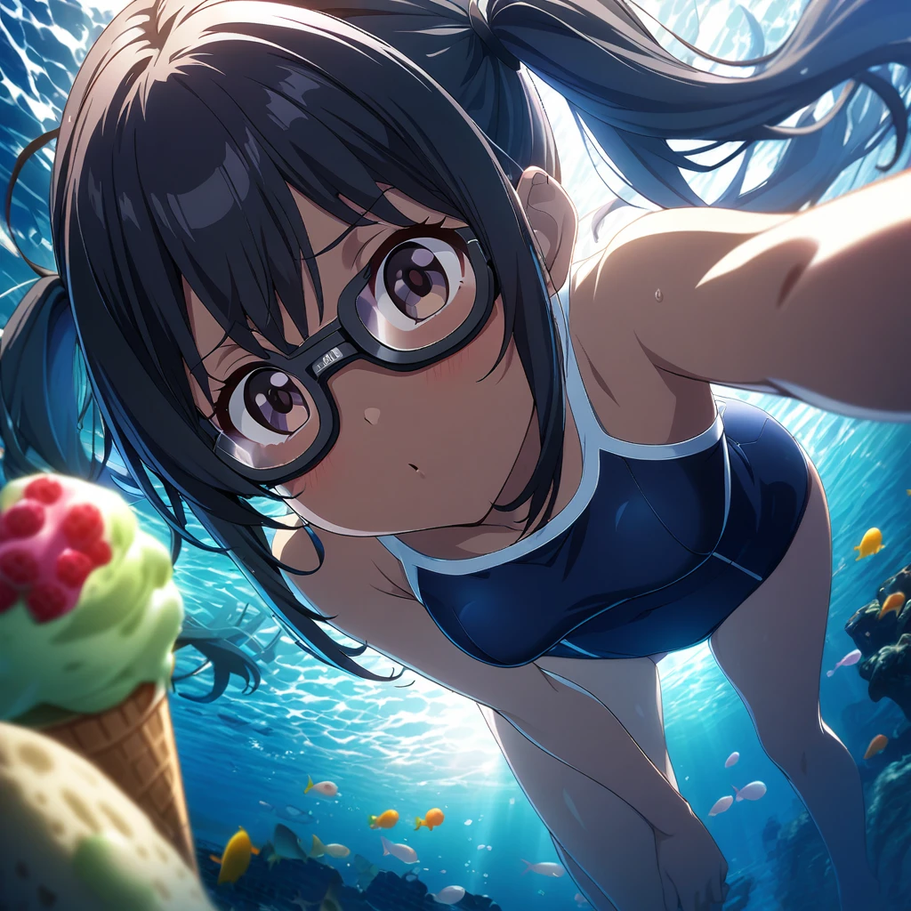 1girl、Eat ice cream、Black Hair、Pigtails、Navy blue school swimsuit、Brown Skin、Red polka dot swim ring、Black underwater goggles、Ocean、deep faint light 、 detailed CG、high resolution
