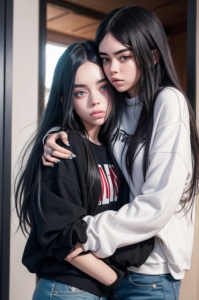 Create a realistic image of singer Billie Eilish hugging singer Madison Beer 