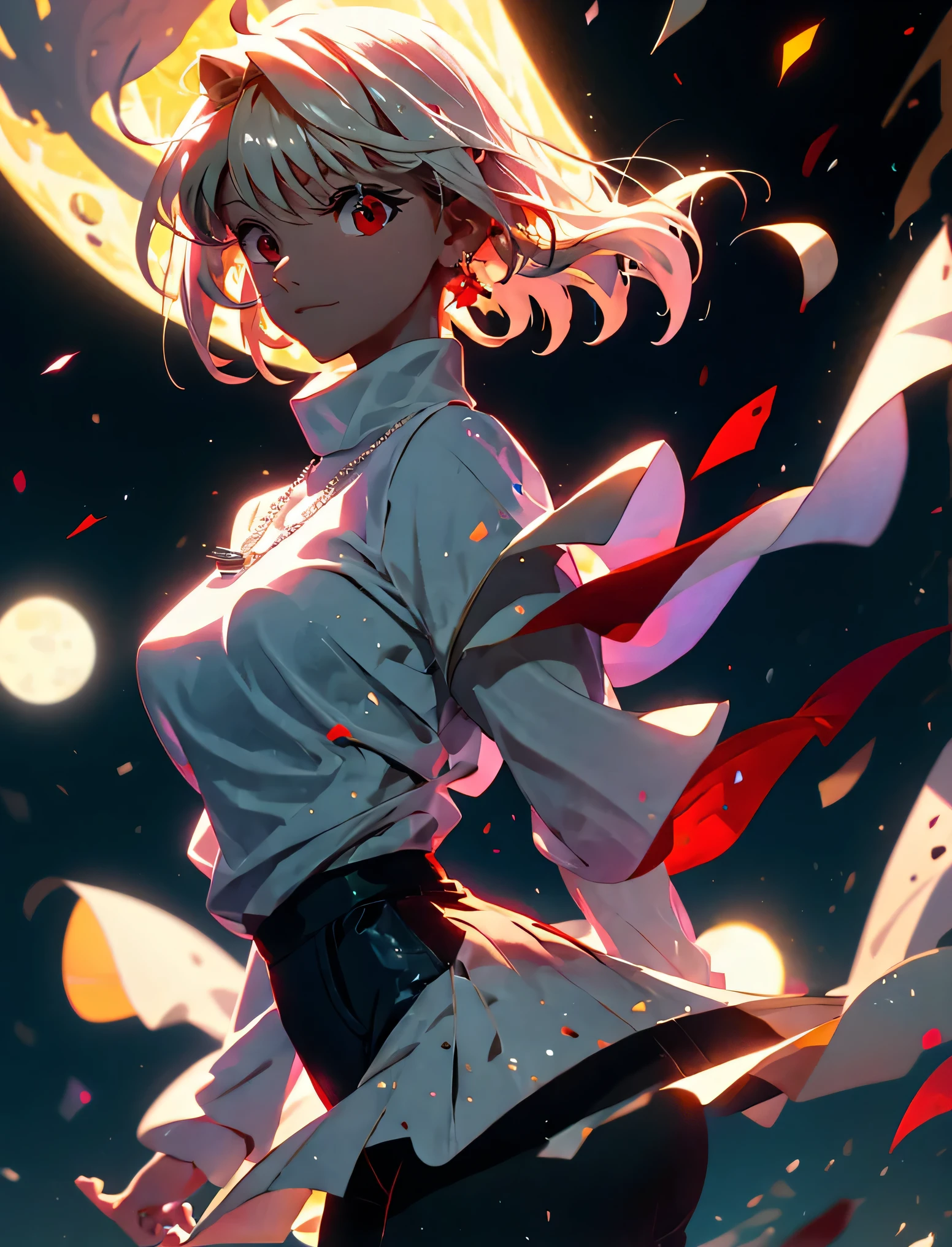 absurdres, uhd, 16k, 1girl, arcueid \(tsukihime\), 1girl, alley, nighttime, moon, stars, short blonde hair, (((red eyes))), arms behind back, white turtleneck, blush, building, cowboy shot, day, chain necklace \(arcueid\) on chest, large breasts, looking at viewer, outdoors, smile, solo, standing, taut clothes, tight black pants, thigh gap, closed mouth, leaning forward, 2hands, accurate fingers, loish hands, extreme hand detail, normal hands, with fingers, accurate hands, 2thumb