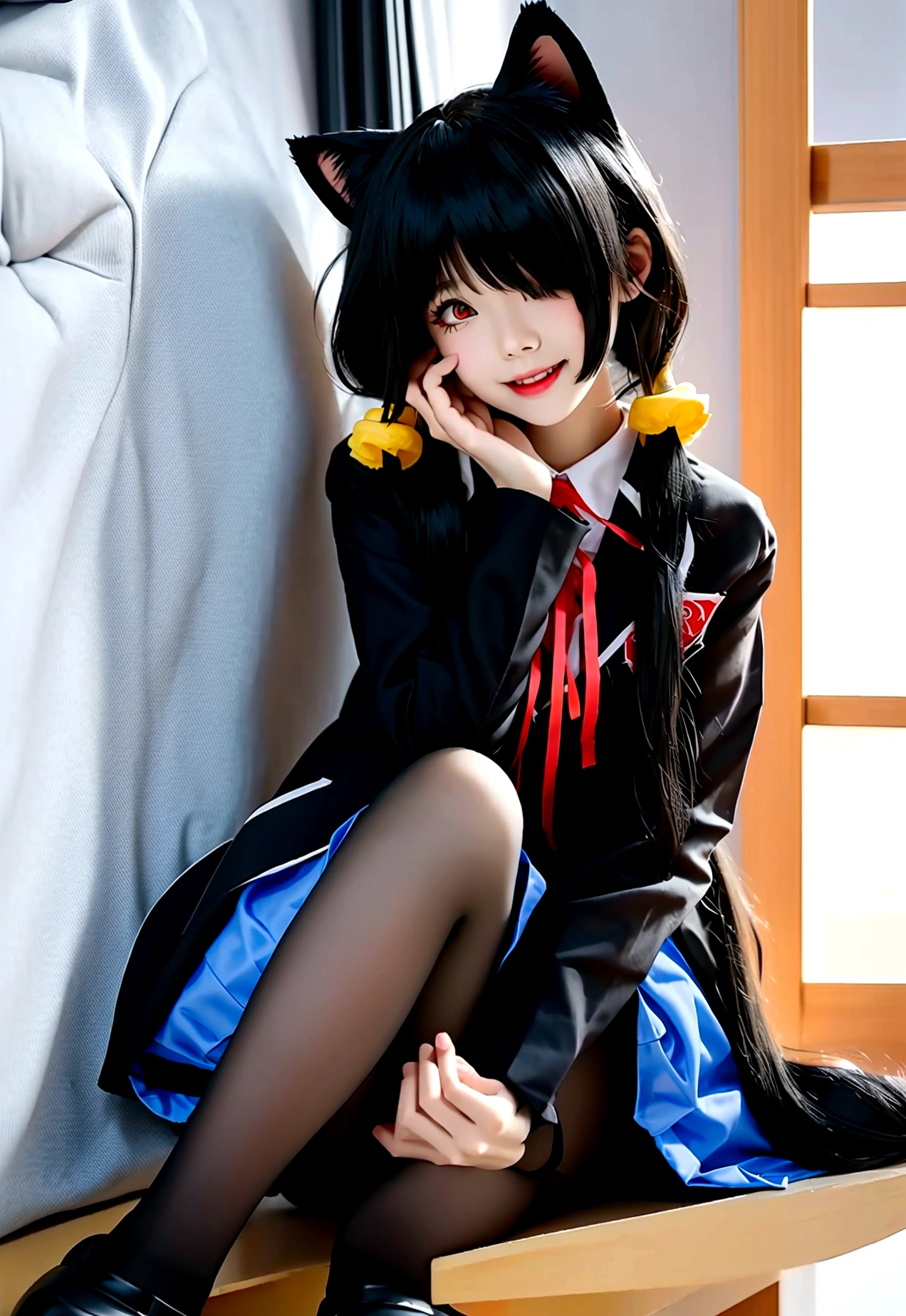 ultra-detailed,highly detailed,best quality,masterpiece,illustration,
The image is another digital artwork of an anime-style girl. She has twin ponytails and heterochromatic eyes, with one red and one yellow. She is wearing a black hoodie with cat ears and a white dress or long shirt underneath. The girl has a choker with a bell around her neck and a slightly blushing expression. She is sitting on a bed, with her knees drawn up and hands near her face, giving a shy or bashful appearance. In the background, there is a pillow with a cute, smiling cat face, and a potted plant can be seen near the window.