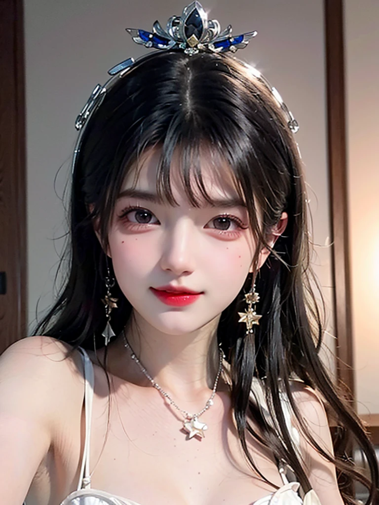 best quality, masterpiece, high resolution, 1 Girl,flirtatious,Seven colored hair,Oily and shiny lips,The transparency of clothes,(Show your shoulders),(chest),detail,(Upper Body),Star-shaped pupil,china hanfu,Hair accessories,necklace, Jewelry,Pretty Face,Above_Body, Tyndall effect,Reality, Dark Studio, Rim Light, Two-tone lighting,(高detail皮肤:1.2), 8K uhd, Digital SLR Camera, Soft lighting, high quality, Volumetric Lighting, frank, photo, high resolution, 4K, 8K, Bokeh
