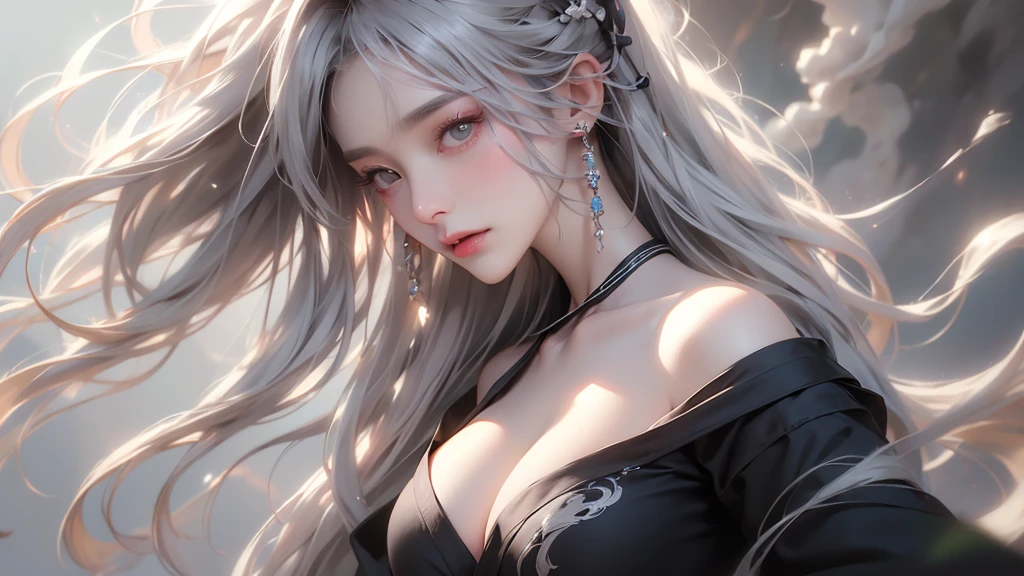 (One Woman Wallpaper)super high quality, masterpiece, Perfect illustration, Very detailed (Exquisite light and shadow, Very dramatic photo,Backlight) , ((Gray Hair:1.5))1 Girl, alone, (Wearing Han clothes, Black and white Hanfu,Monotony,Long sleeve) , (White smoke:1.3) (Realistic:1.4), Zen Intertwining, Tangled, Official Art, unity 8k wallpaper, Very detailed, Beautiful and beautiful, masterpiece, Highest quality, (Dynamic Angle: 1.4), Glowing Skin, (Floating colorful flashes: 1) The most beautiful chaotic shapes, elegant, Brutalist Design, Bright colors, Romantic Depth of Field Exotic_dance, half_naked、Expose your shoulders、Ample breasts、Great cleavage、