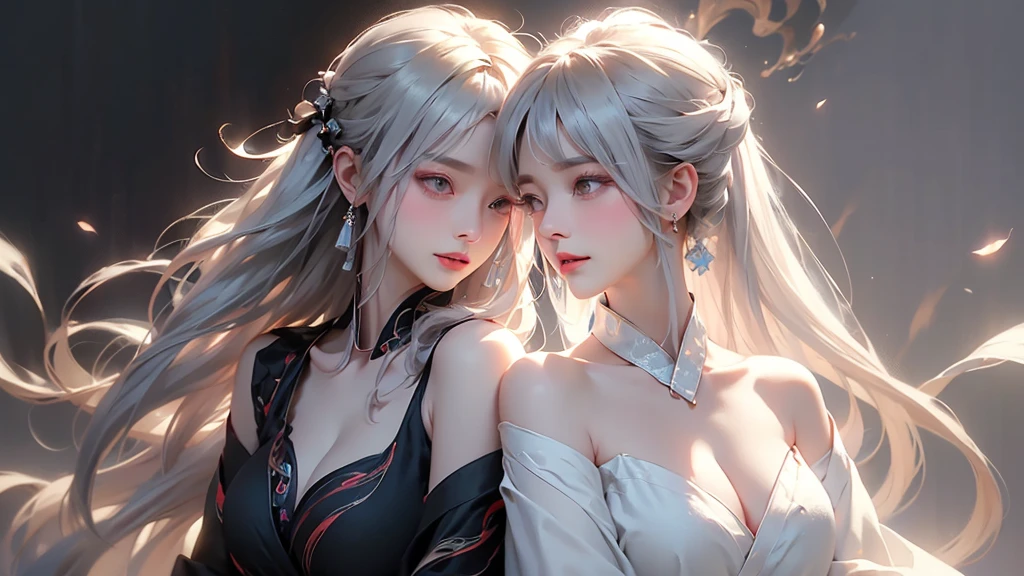 (One Woman Wallpaper)super high quality, masterpiece, Perfect illustration, Very detailed (Exquisite light and shadow, Very dramatic photo,Backlight) , ((Gray Hair:1.5))1 Girl, alone, (Wearing Han clothes, Black and white Hanfu,Monotony,Long sleeve) , (White smoke:1.3) (Realistic:1.4), Zen Intertwining, Tangled, Official Art, unity 8k wallpaper, Very detailed, Beautiful and beautiful, masterpiece, Highest quality, (Dynamic Angle: 1.4), Glowing Skin, (Floating colorful flashes: 1) The most beautiful chaotic shapes, elegant, Brutalist Design, Bright colors, Romantic Depth of Field Exotic_dance, half_naked、Expose your shoulders、Ample breasts、Great cleavage、