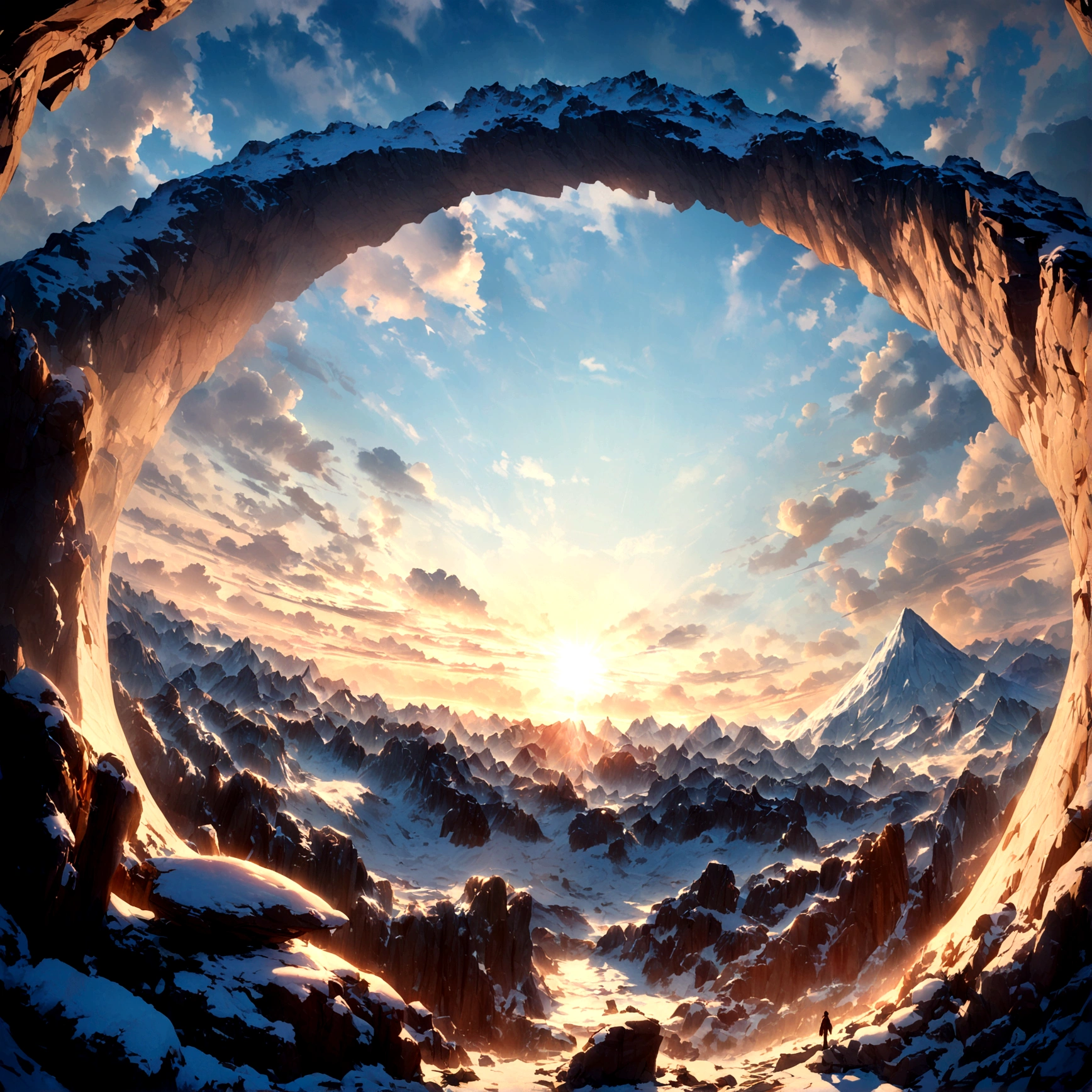 Snow Mountain,Rolling peaks,heavy snow,Cloudy at the foot of the mountain,Star,sunny,Sunset,The lighting is depicted in great detail,oc rendering,high quality,masterpiece,Surrealism,Hyper-photorealism,8K,Ultrafine,Extremely detailed,Ultra wide angle,Dynamic perspective