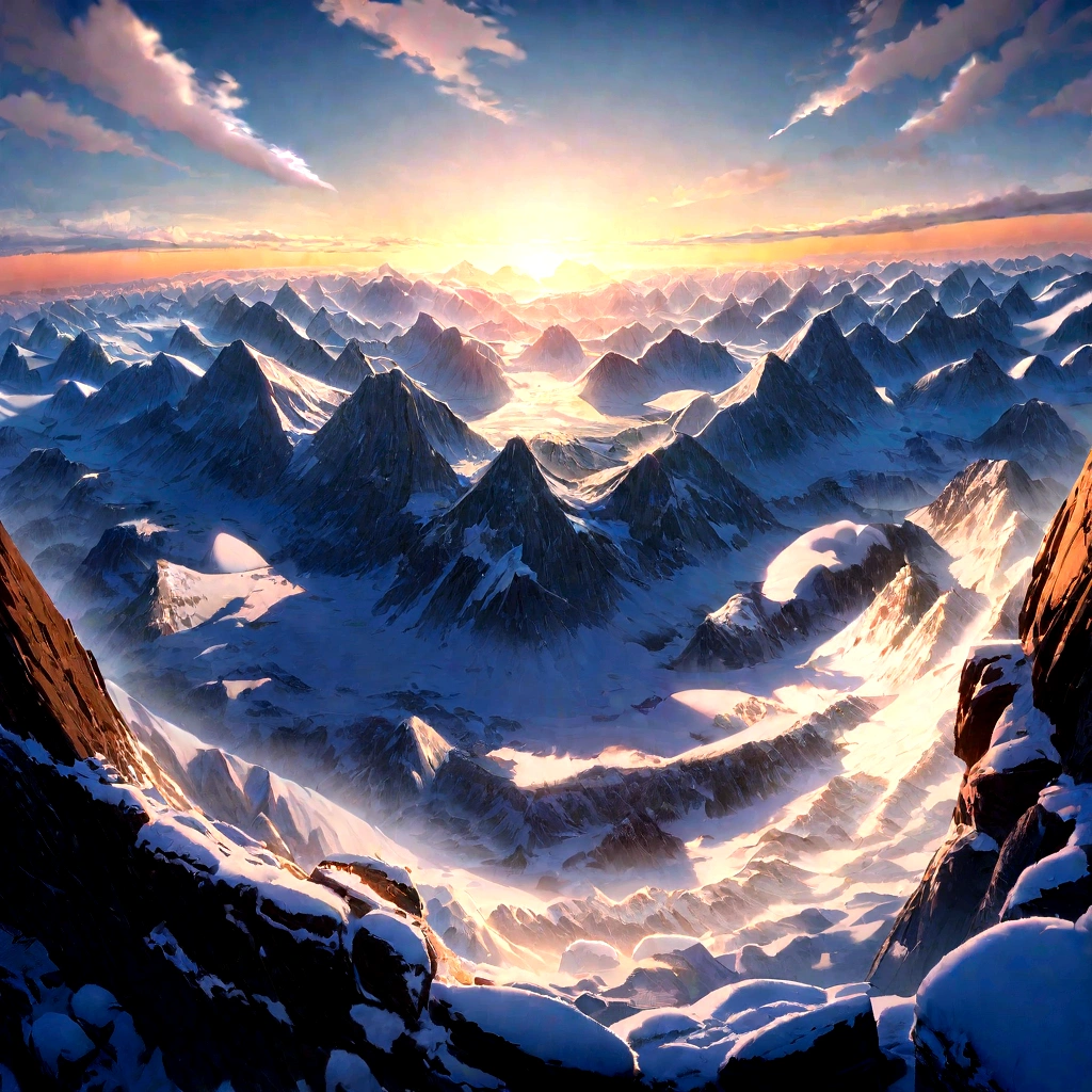 Snow Mountain,Rolling peaks,heavy snow,Cloudy at the foot of the mountain,Star,sunny,Sunset,The lighting is depicted in great detail,oc rendering,high quality,masterpiece,Surrealism,Hyper-photorealism,8K,Ultrafine,Extremely detailed,Ultra wide angle,Dynamic perspective