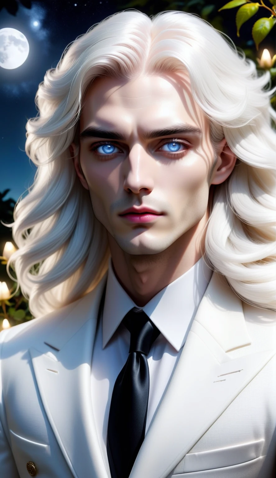 masterpiece, highest quality, (solo focus), (perfect face:1.1), (high detail:1.1), (hyper detailed eyes), dramatic, 1guy, (pale skin), long white hair, ethereal eyes, (light eyebrows), solo, long hair, JTiago Azevedo, moon, night, white luxury suit, pouty lips, fur, proud expression,garden, detailed background, art by artgerm, cinematic lighting, roses, fashion, BalenciagaStyle