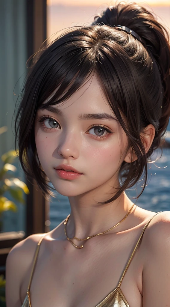 One Girl,(1人のとてもcute女の子:1.3),masterpiece,Highest quality,High resolution,From below,Low - Angle,Photorealistic,RAW Photos,Ray Tracing,Physically Based Rendering,beautiful girl,(15 years old:1.3),cute,Big eyes,(detailed pupils:1.2),(The face is facing straight ahead:1.3),Body facing forward,Beautiful nose,High nose,Upturned nose,Fuller lips,Short black hair,ponytail,short hair,Detailed eyelashes,Thin eyebrows,Very fine grain definition,(Symmetrical eyes,Golden Ratio:1.3),(Face close-up,Face Focus:1.0),Small breasts,Short neck,White swimsuit,White Bikini,The background is the sea,Southern Island,sunset,Sunset,Portrait,View Viewer,Upper Body,Cinema Lighting,High resolution,Very detailed