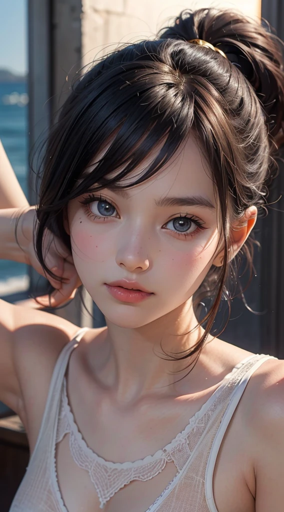 One Girl,(1人のとてもcute女の子:1.3),masterpiece,Highest quality,High resolution,From below,Low - Angle,Photorealistic,RAW Photos,Ray Tracing,Physically Based Rendering,beautiful girl,(:1.3),cute,Big eyes,(detailed pupils:1.2),(The face is facing straight ahead:1.3),Body facing forward,Beautiful nose,High nose,Upturned nose,Fuller lips,Short black hair,ponytail,short hair,Detailed eyelashes,Thin eyebrows,Very fine grain definition,(Symmetrical eyes,Golden Ratio:1.3),(Face close-up,Face Focus:1.0),Small breasts,Short neck,White swimsuit,White Bikini,The background is the sea,Southern Island,sunset,Sunset,Portrait,View Viewer,Upper Body,Cinema Lighting,High resolution,Very detailed