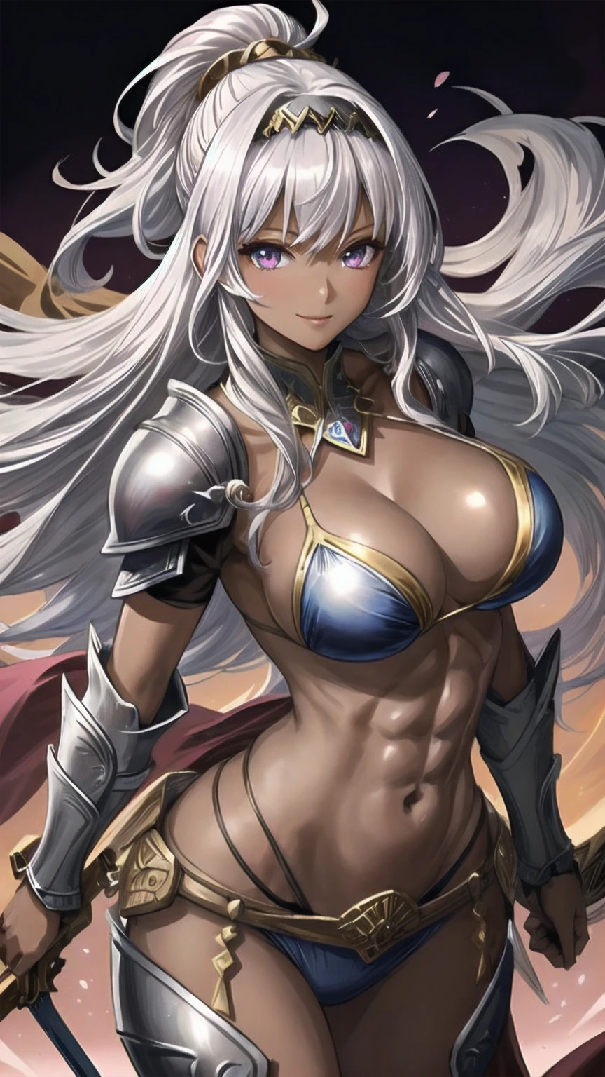((masterpiece, highest quality)), (One girl),((Mature Woman)), Gray Hair,((armor )) big breasts,(Big Breasts),slim,smile,Are standing, blue eyes , Browsing Caution, , Detailed Background , Beautiful Eyes , Beautiful Hands , Cleavage