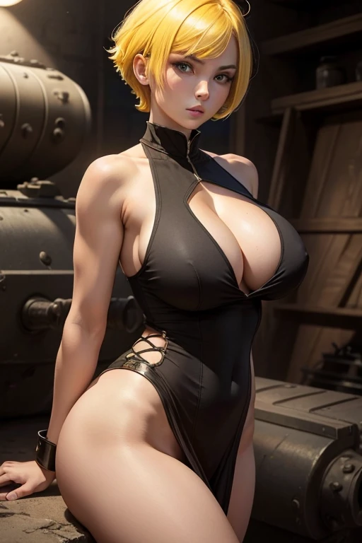 Masterpiece, Best quality, Tank uniform,tanks, Huge breasts,Short hair,Yellow hair,Blackening,evil,