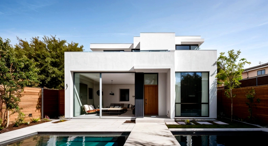 In an urban area, there is a modern one-storey house with a frontage of 10m. The house is designed with a simple style, making the most of the usable area. The facade of the house uses a lot of glass to bring in natural light, and the terrace has a beautiful, friendly landscaped garden. The doors and balconies are designed to be wide and airy. The interior has a modern style with bright color tones, creating a feeling of expanding vision. Light is always guaranteed in the narrow space of the house, photorealistic, 8K, ultra high res