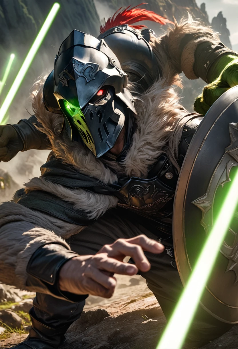 perfect hands, perfect finger,perfect anatomy, masterpiece, best quality,realistic, hyperrealistic, 16k hdr,1 muscular man,,goblin slayer, armor, helmet, green glowing eye, plume, fur collar, (Lightsabers,shield:1.3),fantasy world,outdoor,fighting pose,dynamic pose,upper body,dynamic angle