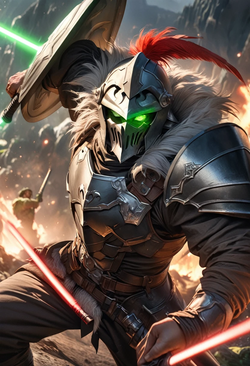 perfect hands, perfect finger,perfect anatomy, masterpiece, best quality,realistic, hyperrealistic, 16k hdr,1 muscular man,,goblin slayer, armor, helmet, green glowing eye, plume, fur collar, (Lightsabers,shield:1.3),fantasy world,outdoor,fighting pose,dynamic pose,upper body,dynamic angle