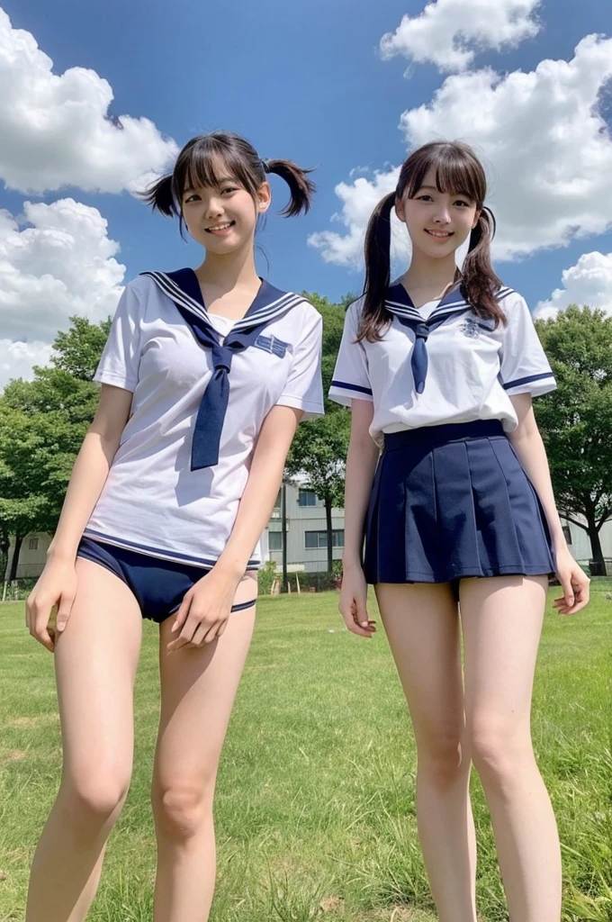 {1 | 2} girls standing in school railway station,navy blue speedo swimming briefs,white sailor shirt over,school bag,18-year-old,bangs,a little smile,thighs,knees,short hair with low pigtails bunches,from below,front light