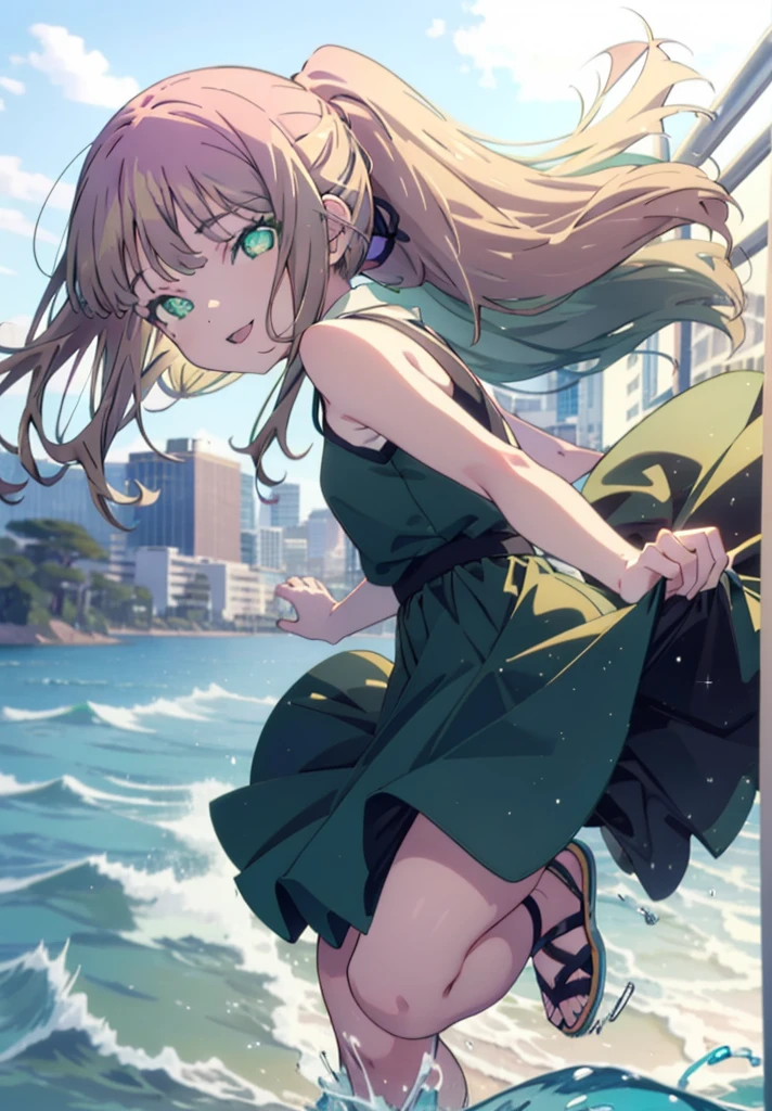 minami yume ,sss Dynazenon ,Long Hair, Brown Hair, (Green Eyes:1.5) ,Center of chest,hair band,ponytail,happy smile, smile, Open your mouth, Blue sleeveless dress,Long skirt,Cute heeled sandals,whole bodyがイラストに入るように,Daytime,Clear skies,
壊す looking at viewer, whole body,
Destroy outdoors, Destroy the coastal road (masterpiece:1.2), Highest quality, High resolution, unity 8k wallpaper, (shape:0.8), (Beautiful and beautiful eyes:1.6), Highly detailed face, Perfect lighting, Highly detailed CG, (Perfect hands, Perfect Anatomy),