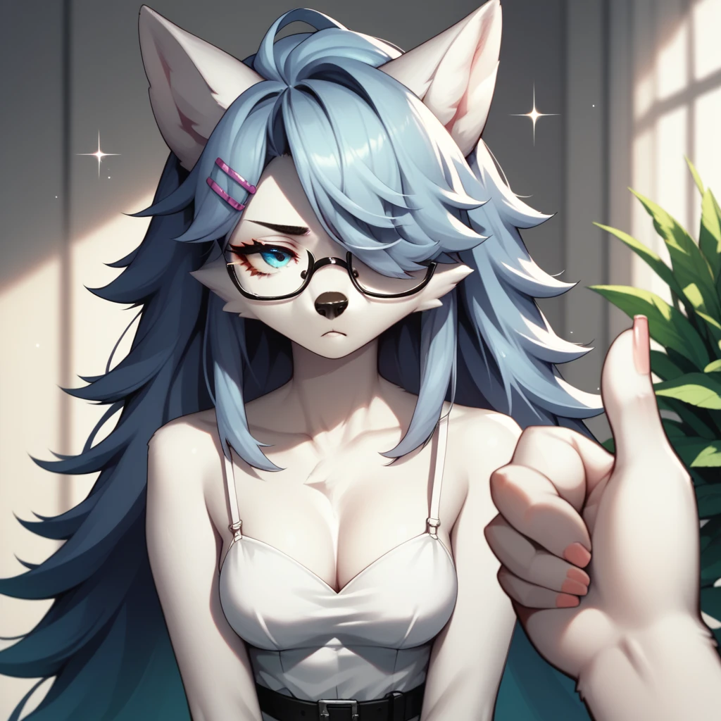 score_9,score_8_up,score_7_up, sierra, a young nerdy Anthro furry wolf woman, white furry body, long elegant and straight hair, elegant glasses, hair clip, wearing elegant blue sundress, black belt, fidgeting her fingers together, sparkles around her, she is shy, pouting, looking away, pov, pov viewer is giving her a thumbs up