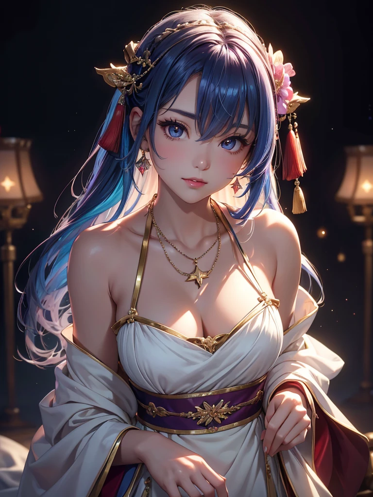 best quality, masterpiece, high resolution, 1 Girl,flirtatious,Seven colored hair,Oily and shiny lips,The transparency of clothes,(Show your shoulders),(chest),detail,(Upper Body),Star-shaped pupil,china hanfu,Hair accessories,necklace, Jewelry,Pretty Face,Above_Body, Tyndall effect,Reality, Dark Studio, Rim Light, Two-tone lighting,(高detail皮肤:1.2), 8K uhd, Digital SLR Camera, Soft lighting, high quality, Volumetric Lighting, frank, photo, high resolution, 4K, 8K, Bokeh